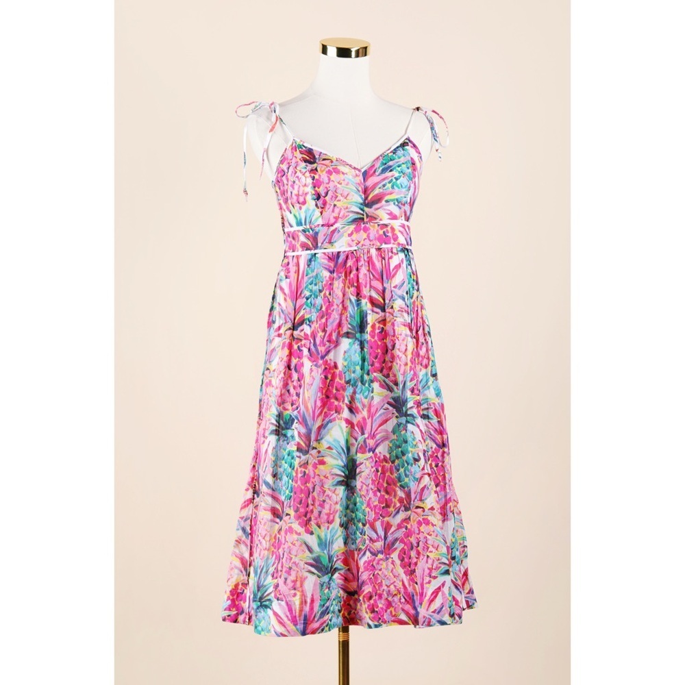 Sz 0 J. Crew 100% Cotton Sleeveless Midi Dress In Ratti Painted Pineapple EUC
